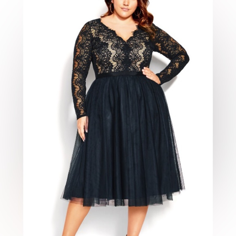 City Chic Rare Beauty Navy Blue Lace & Tulle Cocktail Dress